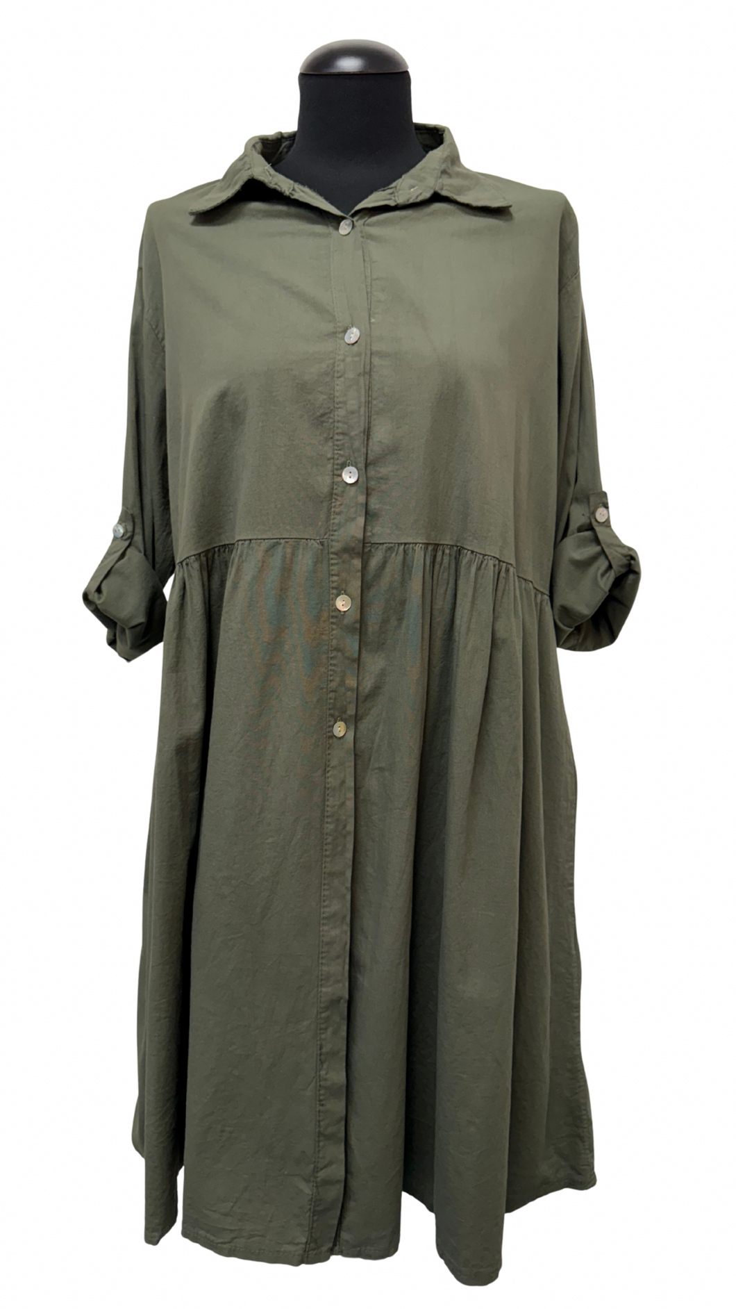 Krajša srajčna obleka ali tunika, UNI vel. do 52, OLIVNA