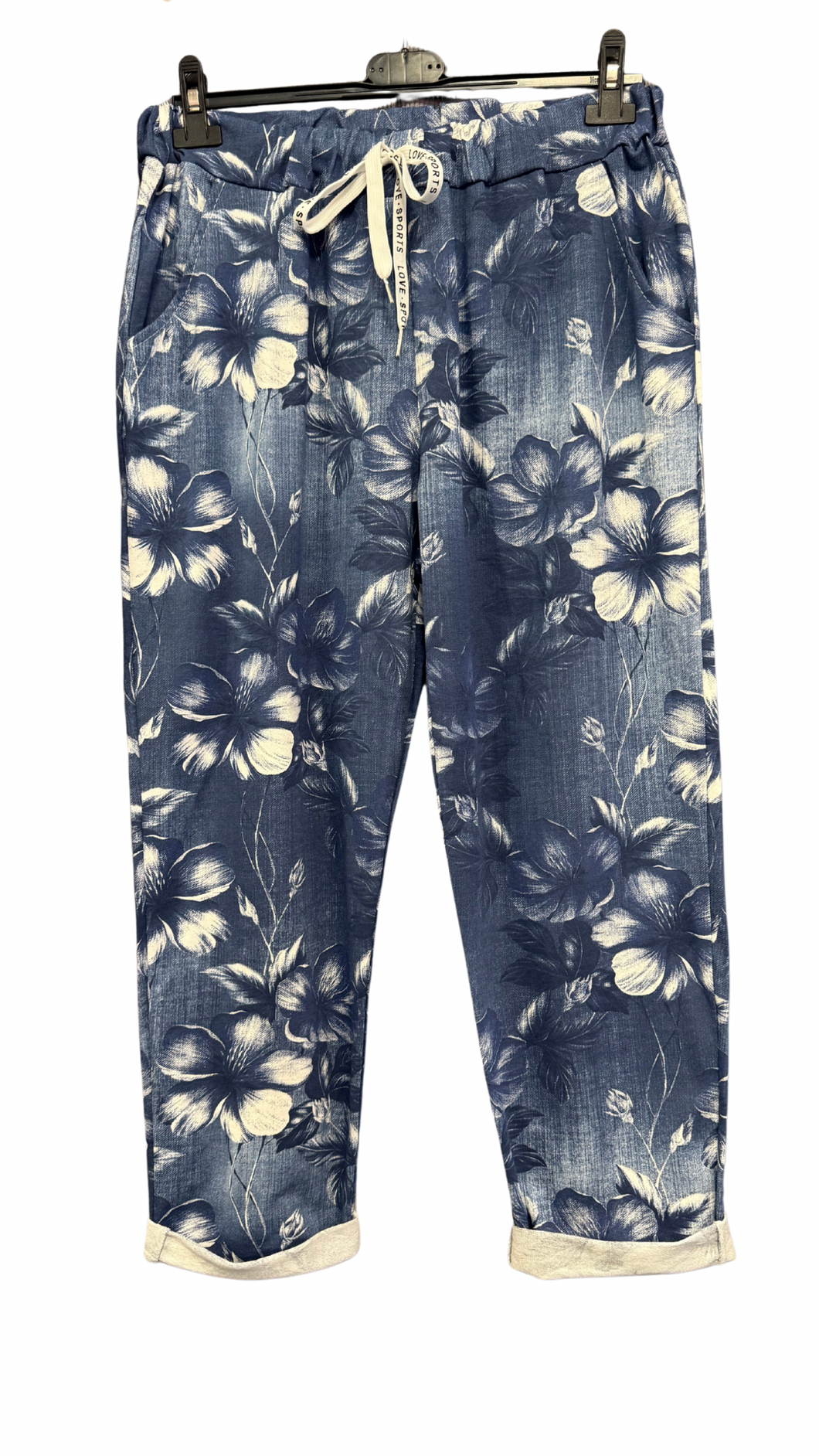 Bombažne raztegljive hlače, UNI vel. do 46/48/50, JEANS MODRE Z VZORCEM
