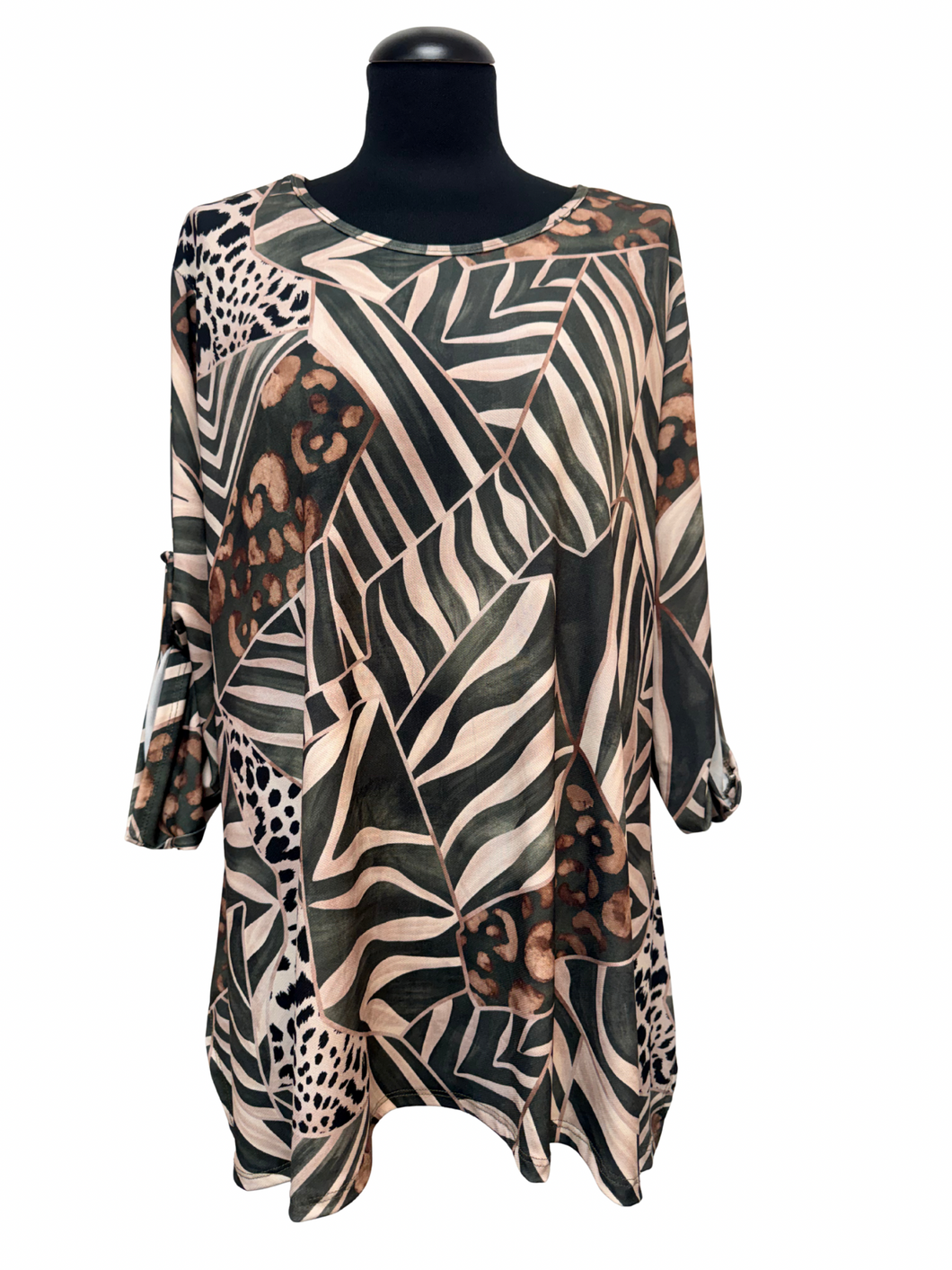 Tunika v izrazitem A kroju, UNI vel. do 52/54, Z  OLIVNIMI VZORCI