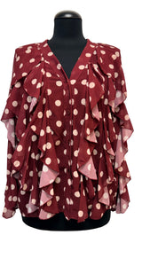 Tanjša, elegantna bluza z volančki, raven kroj, UNI št. do 46, BORDO S PIKAMI