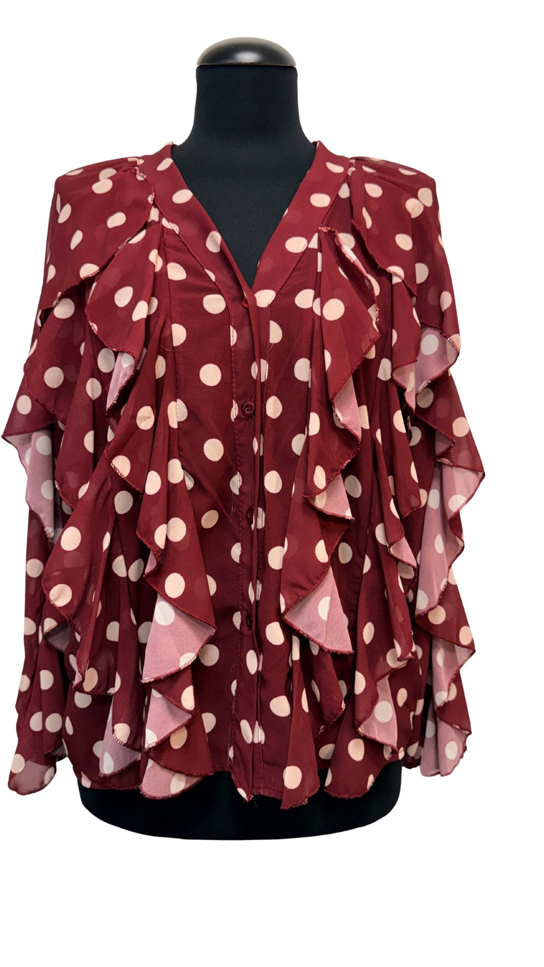 Tanjša, elegantna bluza z volančki, raven kroj, UNI št. do 46, BORDO S PIKAMI