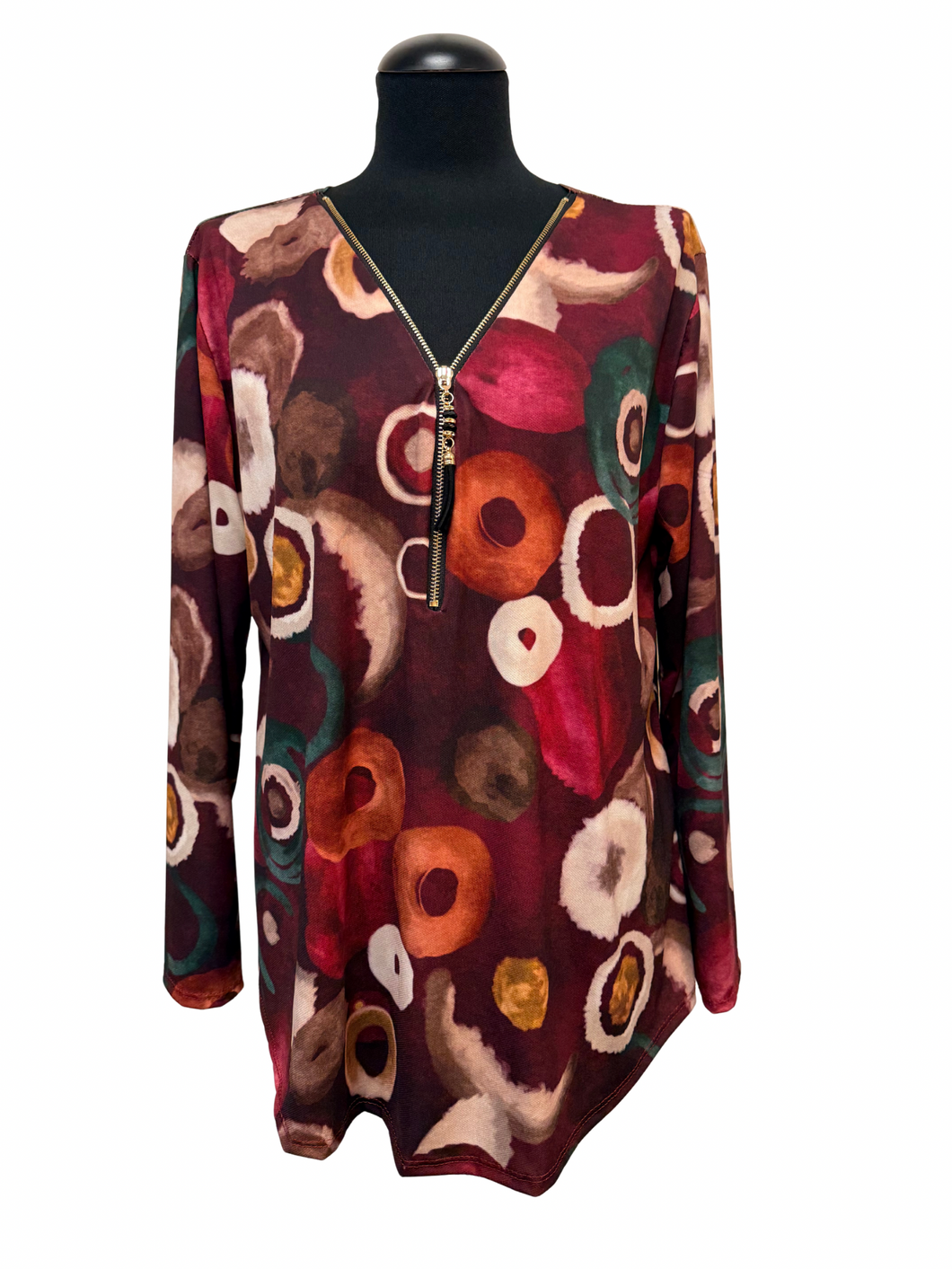 Raztegljiva tunika, raven kroj, UNI št. do 48/50, BORDO Z VZORCEM